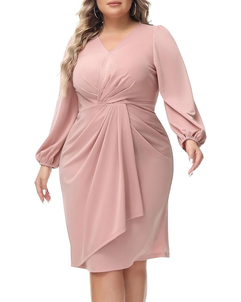 Womens Plus Size Ruched Wrap Cocktail Dresses Long Puff Sleeve Wedding Guest Midi Dress Pink $13.72 Dresses