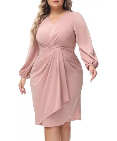 Womens Plus Size Ruched Wrap Cocktail Dresses Long Puff Sleeve Wedding Guest Midi Dress Pink $13.72 Dresses