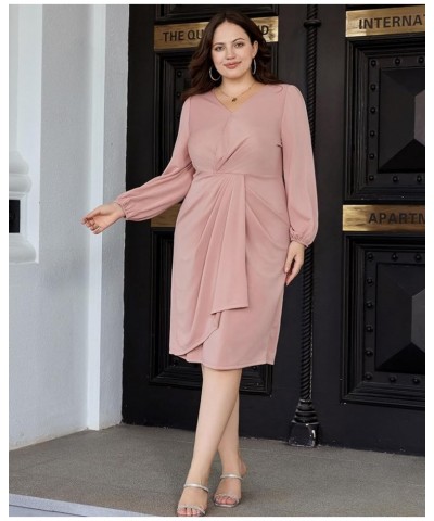 Womens Plus Size Ruched Wrap Cocktail Dresses Long Puff Sleeve Wedding Guest Midi Dress Pink $13.72 Dresses