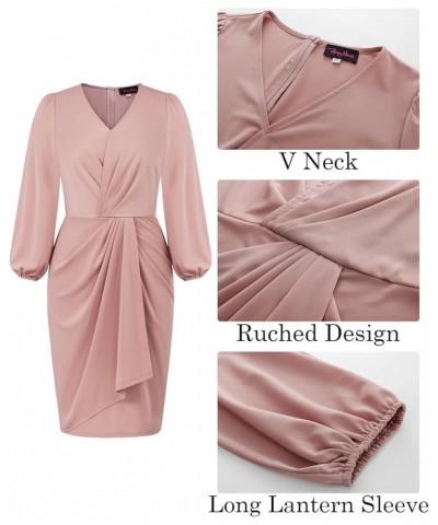 Womens Plus Size Ruched Wrap Cocktail Dresses Long Puff Sleeve Wedding Guest Midi Dress Pink $13.72 Dresses