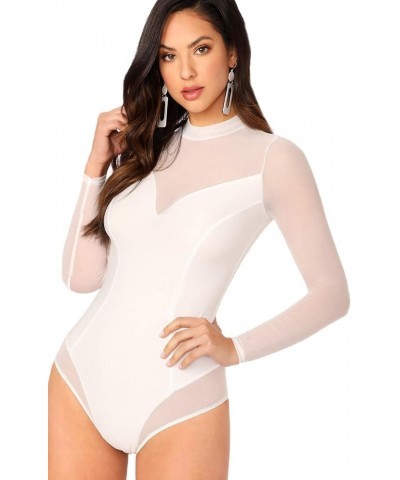 Women's Sheer Mesh Long Sleeve Stretchy Bodysuit Jumpsuit White $15.65 Bodysuits