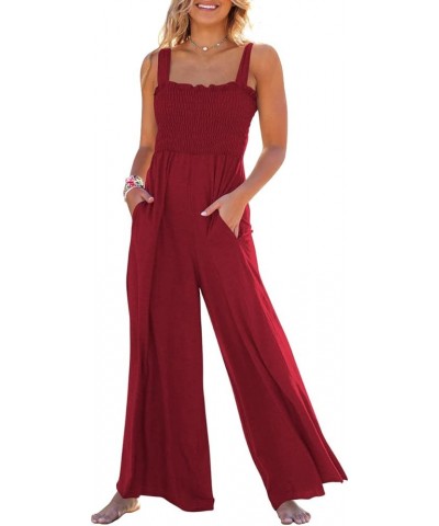 Womens Casual Loose Sleeveless Tank Jumpsuits Square Collar Smocked Wide Leg Jumpsuit Rompers with Pockets Burgundy $24.43 Ju...