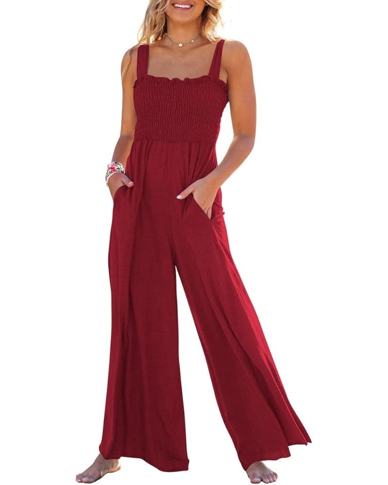 Womens Casual Loose Sleeveless Tank Jumpsuits Square Collar Smocked Wide Leg Jumpsuit Rompers with Pockets Burgundy $24.43 Ju...