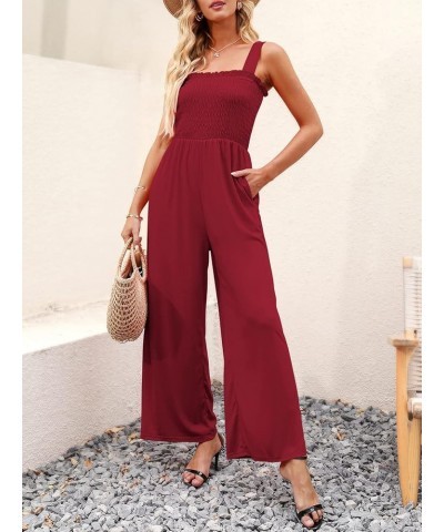 Womens Casual Loose Sleeveless Tank Jumpsuits Square Collar Smocked Wide Leg Jumpsuit Rompers with Pockets Burgundy $24.43 Ju...