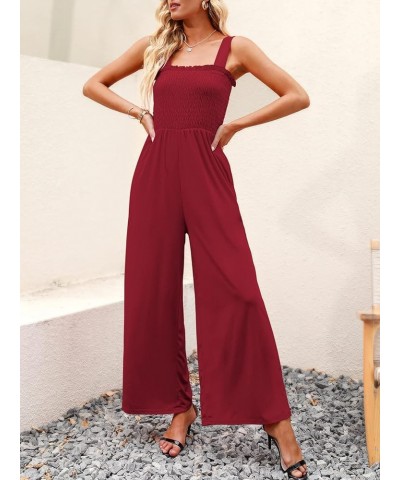 Womens Casual Loose Sleeveless Tank Jumpsuits Square Collar Smocked Wide Leg Jumpsuit Rompers with Pockets Burgundy $24.43 Ju...