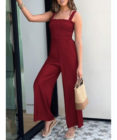 Womens Casual Loose Sleeveless Tank Jumpsuits Square Collar Smocked Wide Leg Jumpsuit Rompers with Pockets Burgundy $24.43 Ju...