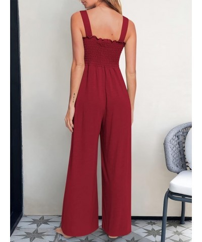 Womens Casual Loose Sleeveless Tank Jumpsuits Square Collar Smocked Wide Leg Jumpsuit Rompers with Pockets Burgundy $24.43 Ju...