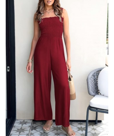 Womens Casual Loose Sleeveless Tank Jumpsuits Square Collar Smocked Wide Leg Jumpsuit Rompers with Pockets Burgundy $24.43 Ju...