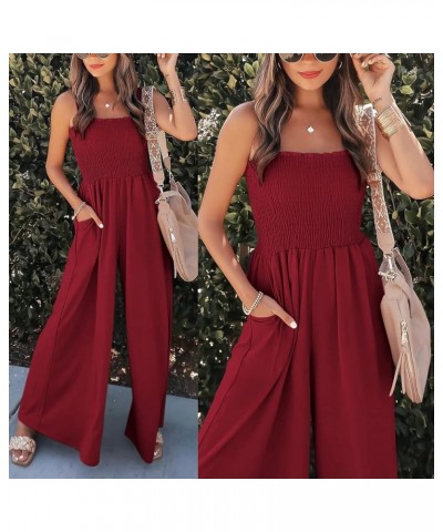 Womens Casual Loose Sleeveless Tank Jumpsuits Square Collar Smocked Wide Leg Jumpsuit Rompers with Pockets Burgundy $24.43 Ju...