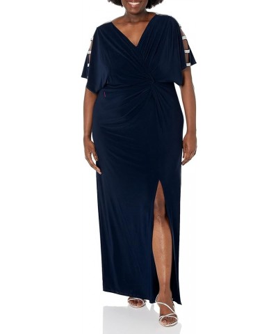 Women's Plus Size Long Knot Dress with Embellished Short Sleeve Navy Embellishment $40.94 Dresses