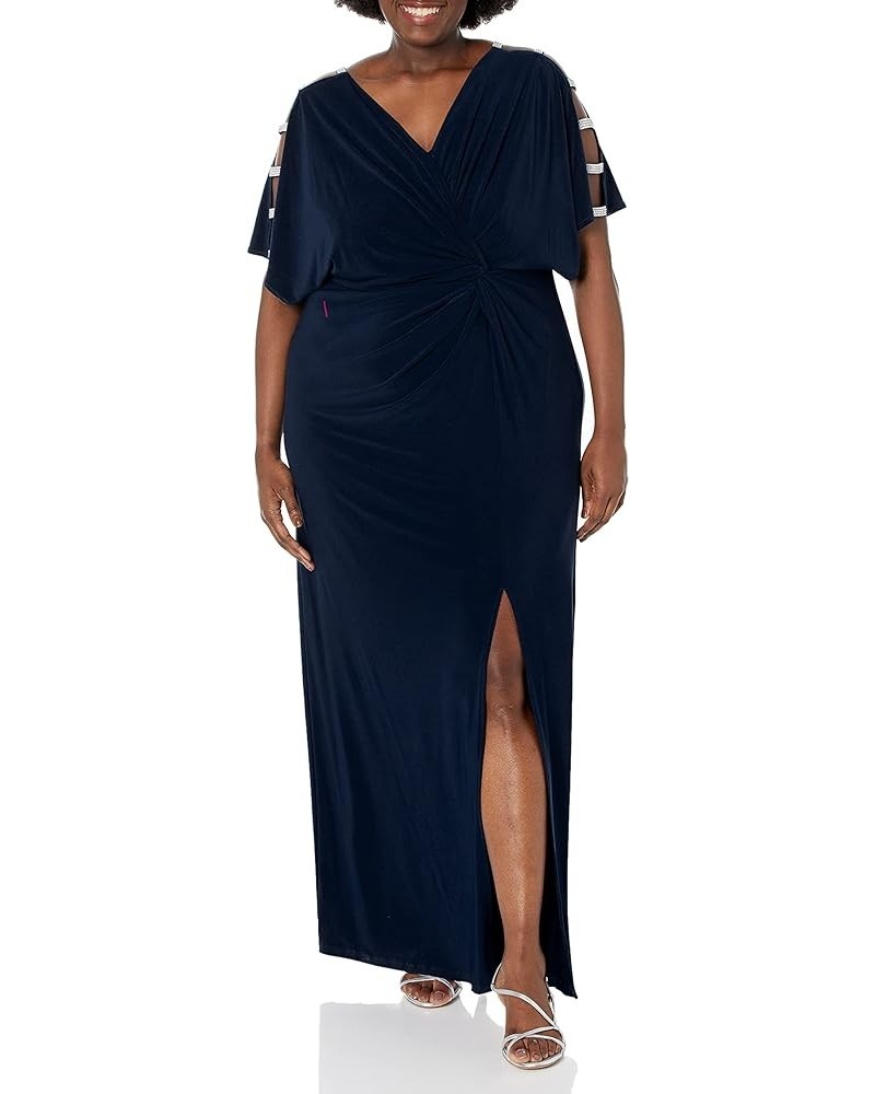 Women's Plus Size Long Knot Dress with Embellished Short Sleeve Navy Embellishment $40.94 Dresses