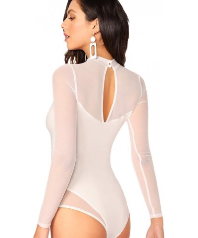 Women's Sheer Mesh Long Sleeve Stretchy Bodysuit Jumpsuit White $15.65 Bodysuits