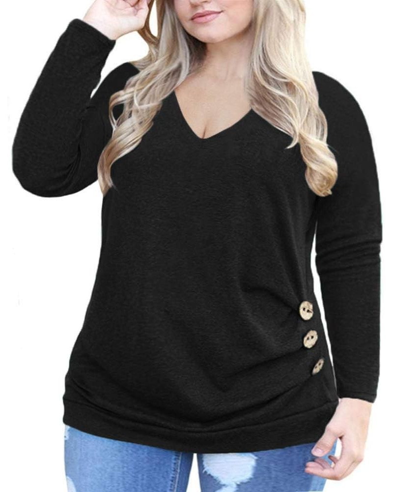 Women's Plus Size Buttons Decor Tunic Tops Causal Long Sleeve Blouse Shirts 12v_black $10.32 Blouses