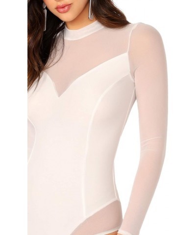 Women's Sheer Mesh Long Sleeve Stretchy Bodysuit Jumpsuit White $15.65 Bodysuits