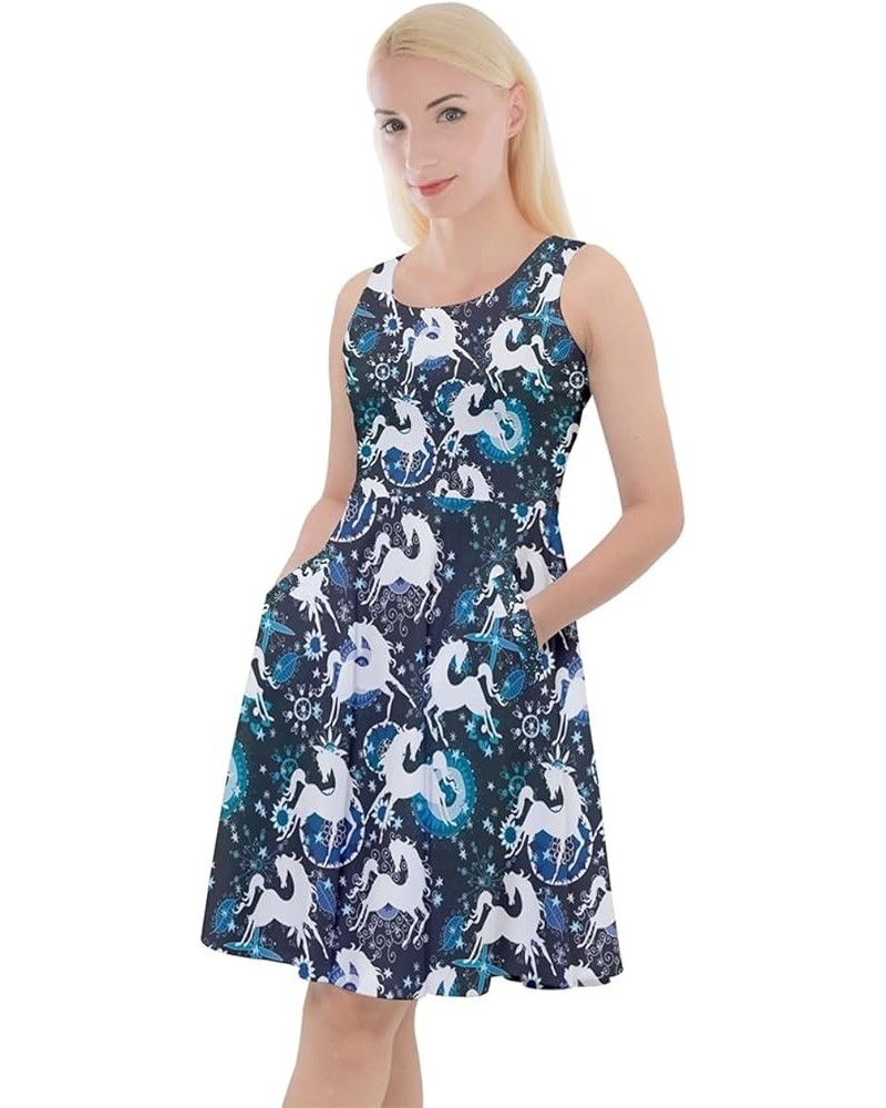 Womens Colorful Pattern Colourful Cartoon Horses Knee Length Skater Dress with Pockets, XS-5XL Dark Cyan White $18.23 Dresses