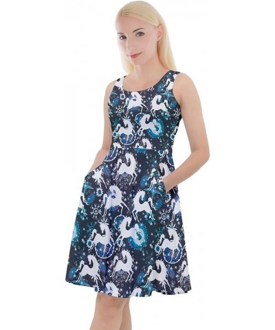 Womens Colorful Pattern Colourful Cartoon Horses Knee Length Skater Dress with Pockets, XS-5XL Dark Cyan White $18.23 Dresses