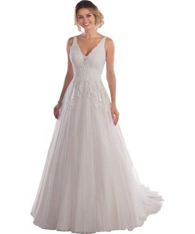 Women's Boho Wedding Dresses for Bride A-line V-Neck Lace Tulle Beach Bridal Gowns Ivory $44.66 Dresses