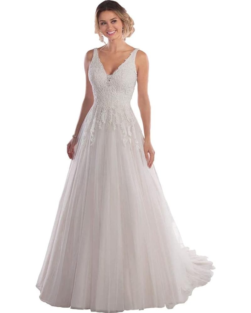 Women's Boho Wedding Dresses for Bride A-line V-Neck Lace Tulle Beach Bridal Gowns Ivory $44.66 Dresses