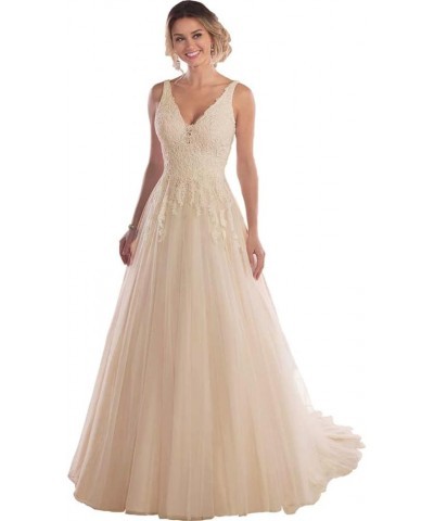 Women's Boho Wedding Dresses for Bride A-line V-Neck Lace Tulle Beach Bridal Gowns Ivory $44.66 Dresses