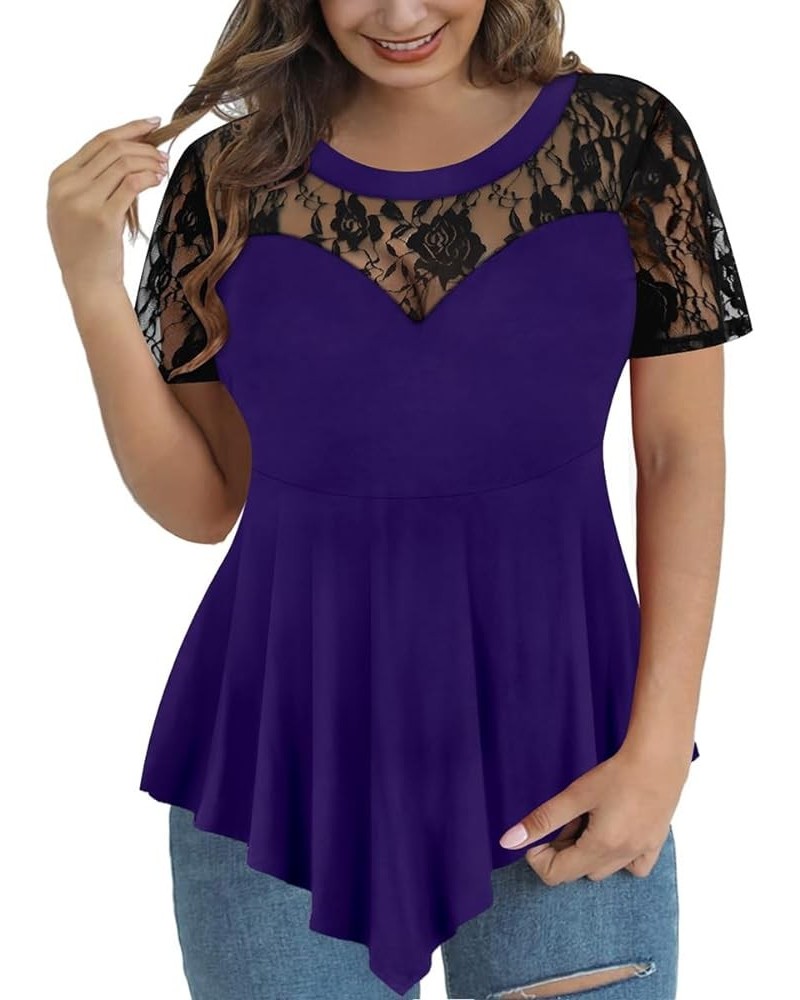 Women Plus Size Tops Short Sleve Shirts Crewneck Tunics Lace Sexy Summer See Through Henley Shirts A03-blue $12.32 Tops