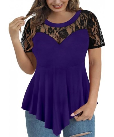 Women Plus Size Tops Short Sleve Shirts Crewneck Tunics Lace Sexy Summer See Through Henley Shirts A03-blue $12.32 Tops