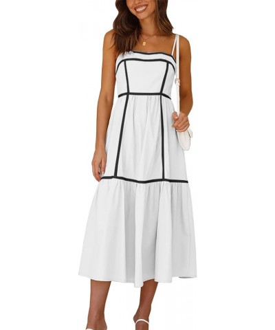 Women's Summer Adjustable Spaghetti Strap Dresses Sleeveless Smocked Rickrack Trim Boho Flowy Casual A-Line Midi Dress White ...