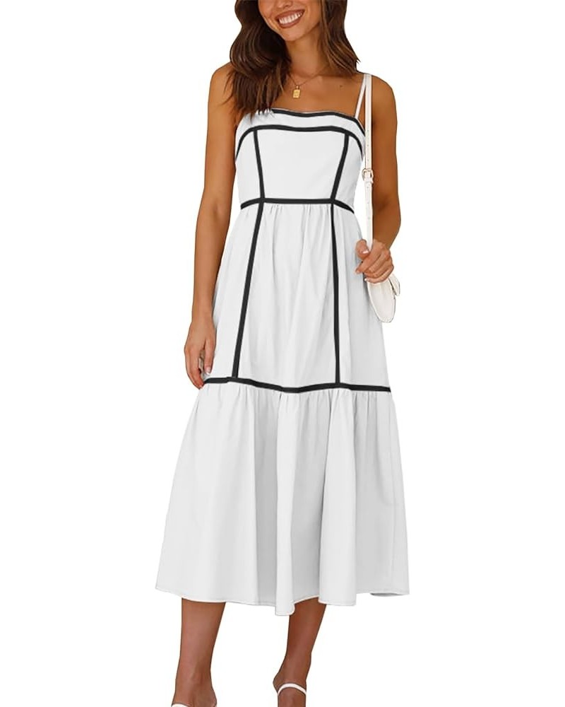 Women's Summer Adjustable Spaghetti Strap Dresses Sleeveless Smocked Rickrack Trim Boho Flowy Casual A-Line Midi Dress White ...