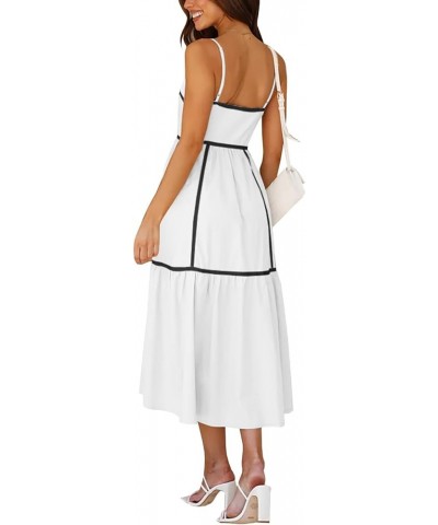 Women's Summer Adjustable Spaghetti Strap Dresses Sleeveless Smocked Rickrack Trim Boho Flowy Casual A-Line Midi Dress White ...