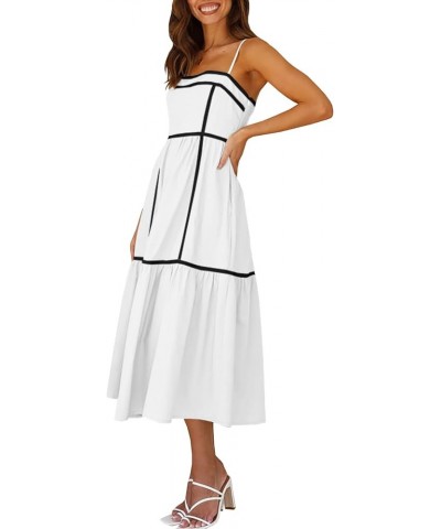 Women's Summer Adjustable Spaghetti Strap Dresses Sleeveless Smocked Rickrack Trim Boho Flowy Casual A-Line Midi Dress White ...