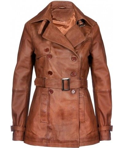 Ladies Leather Trench Coat Tan Mid Length Coat Classic Jacket Tan $82.50 Coats