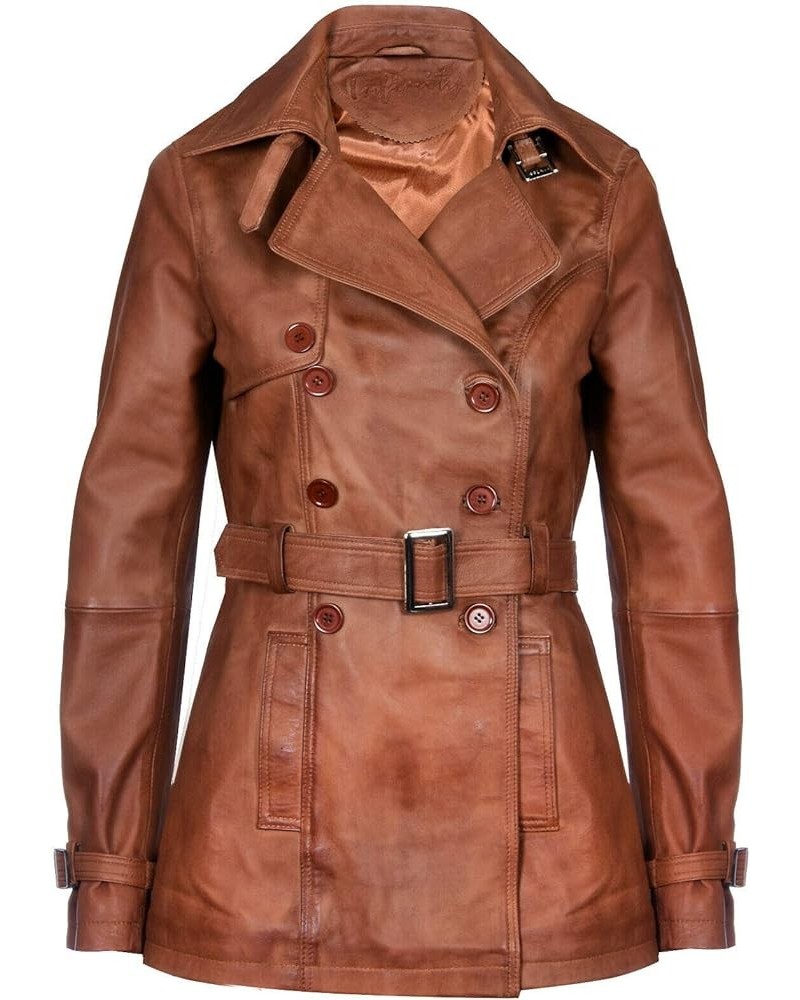 Ladies Leather Trench Coat Tan Mid Length Coat Classic Jacket Tan $82.50 Coats