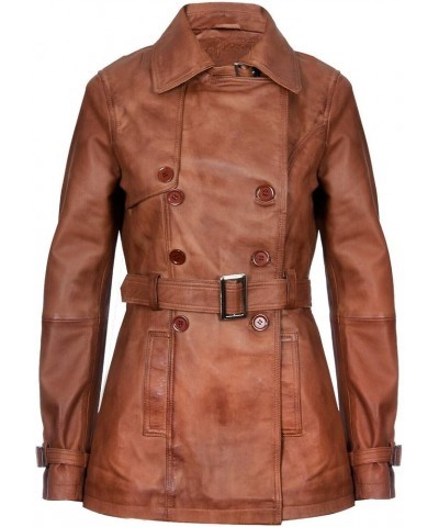 Ladies Leather Trench Coat Tan Mid Length Coat Classic Jacket Tan $82.50 Coats