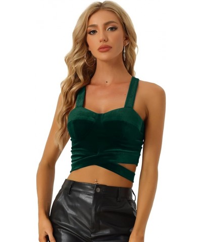 Velvet Cami Tank Tops for Women's Christmas Sleeveless Spaghetti Strap Deep V Sexy Crop Top Dark Green $14.51 Tanks