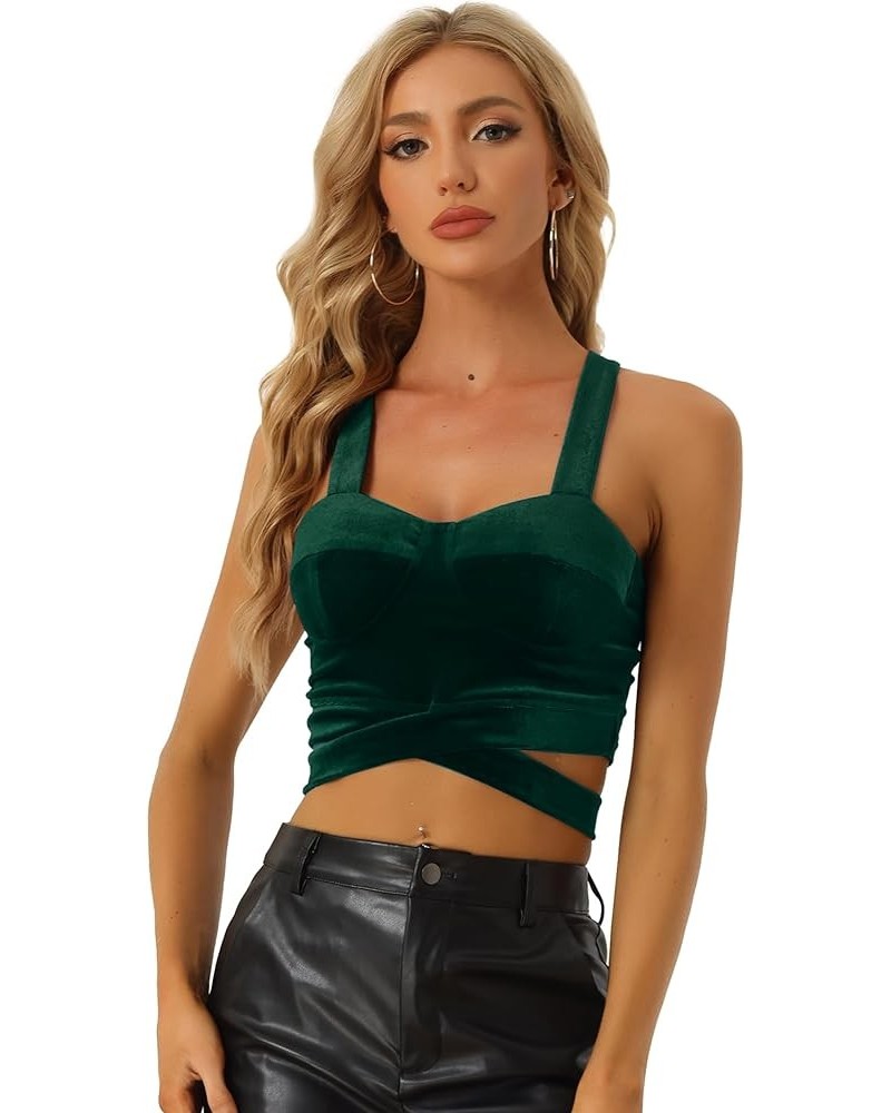 Velvet Cami Tank Tops for Women's Christmas Sleeveless Spaghetti Strap Deep V Sexy Crop Top Dark Green $14.51 Tanks