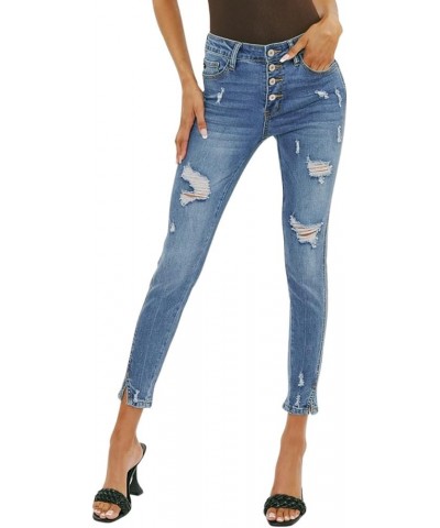 Women's High Rise Button Fly Distressed Super Skinny Jeans Medium Blue (Rise 8.5"/Inseam 30") Kc5109m $21.22 Jeans