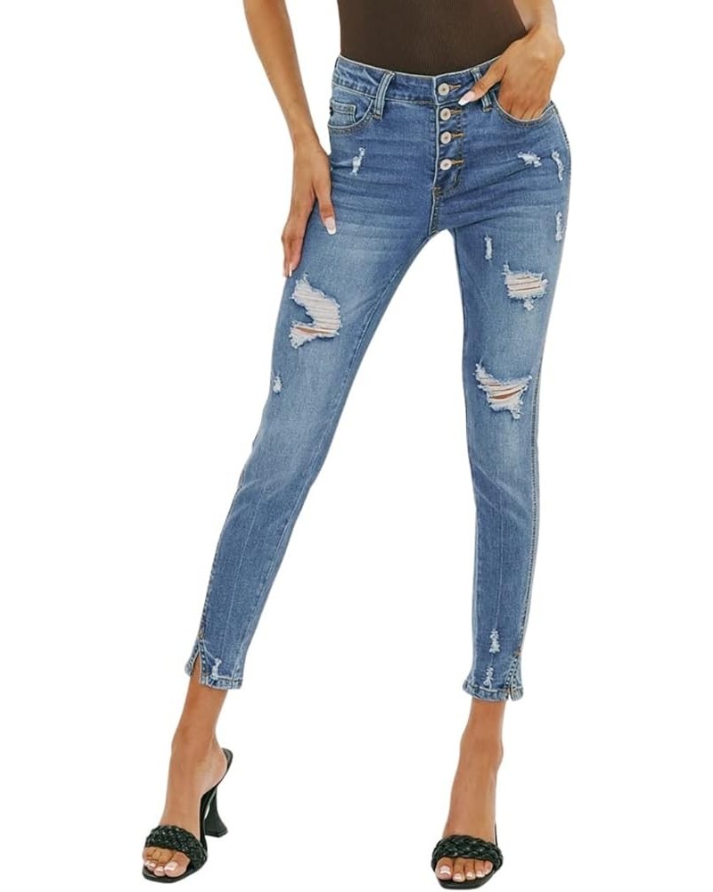 Women's High Rise Button Fly Distressed Super Skinny Jeans Medium Blue (Rise 8.5"/Inseam 30") Kc5109m $21.22 Jeans