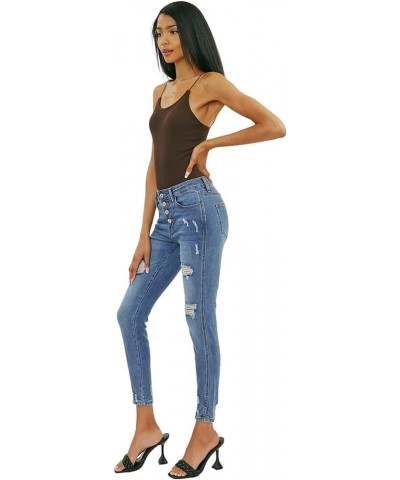 Women's High Rise Button Fly Distressed Super Skinny Jeans Medium Blue (Rise 8.5"/Inseam 30") Kc5109m $21.22 Jeans