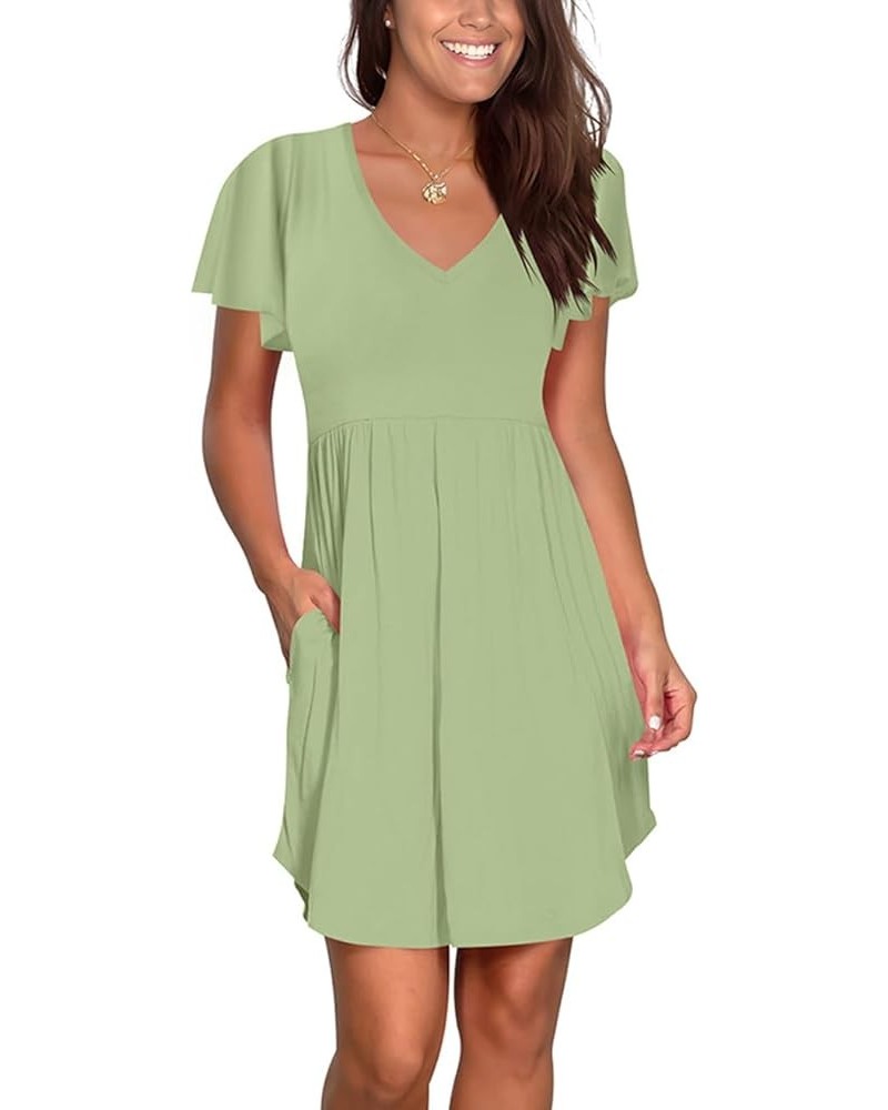 Women Casual Short Sleeve Dresses Summer V Neck Sun Dress Elastic Mini Sundress with Pockets 2 Green (Flutter Sleeves) $11.00...