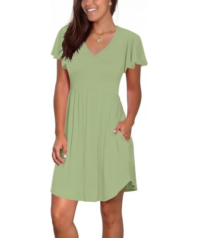 Women Casual Short Sleeve Dresses Summer V Neck Sun Dress Elastic Mini Sundress with Pockets 2 Green (Flutter Sleeves) $11.00...