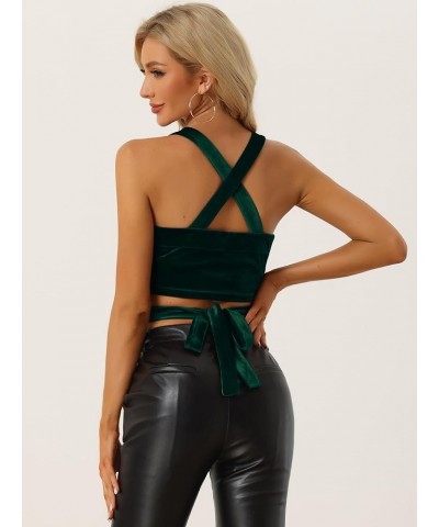 Velvet Cami Tank Tops for Women's Christmas Sleeveless Spaghetti Strap Deep V Sexy Crop Top Dark Green $14.51 Tanks