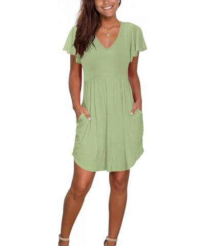 Women Casual Short Sleeve Dresses Summer V Neck Sun Dress Elastic Mini Sundress with Pockets 2 Green (Flutter Sleeves) $11.00...