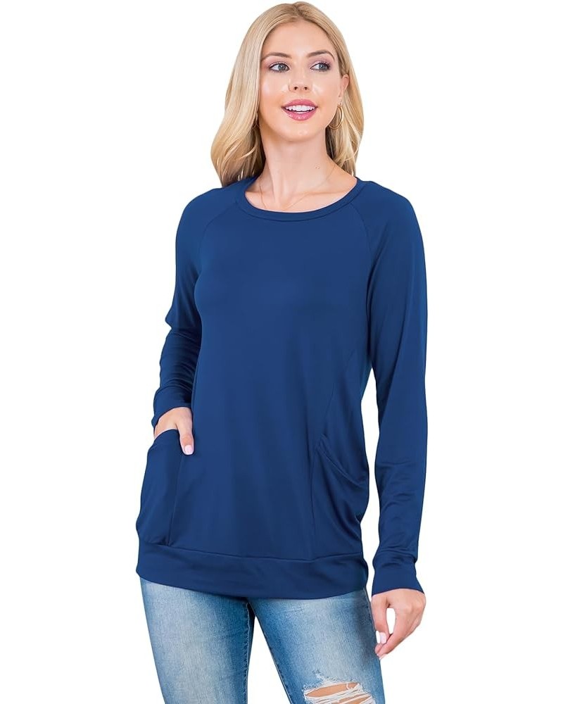 Boho Loose Fit Hi-Low Knit Tunic - Long Sleeve V-Neck Center Seam Sweater Top Long Sleeve Pocket Top - Navy $11.65 Sweaters