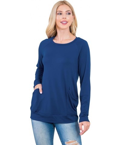 Boho Loose Fit Hi-Low Knit Tunic - Long Sleeve V-Neck Center Seam Sweater Top Long Sleeve Pocket Top - Navy $11.65 Sweaters