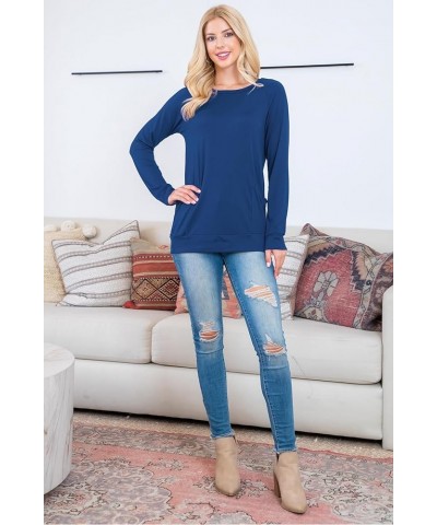 Boho Loose Fit Hi-Low Knit Tunic - Long Sleeve V-Neck Center Seam Sweater Top Long Sleeve Pocket Top - Navy $11.65 Sweaters