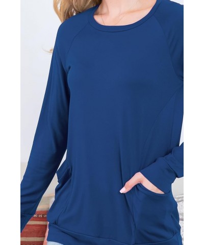 Boho Loose Fit Hi-Low Knit Tunic - Long Sleeve V-Neck Center Seam Sweater Top Long Sleeve Pocket Top - Navy $11.65 Sweaters