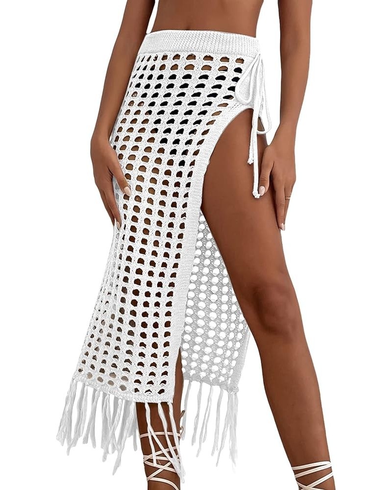 Women's Fringe Split Knitted Swimsuit Beach Crochet Cover Up Skirt Solid White $16.42 Swimsuits