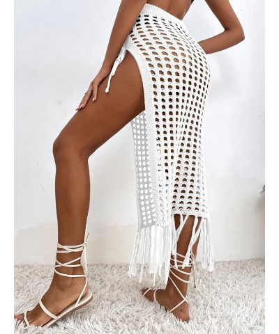 Women's Fringe Split Knitted Swimsuit Beach Crochet Cover Up Skirt Solid White $16.42 Swimsuits