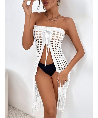 Women's Fringe Split Knitted Swimsuit Beach Crochet Cover Up Skirt Solid White $16.42 Swimsuits