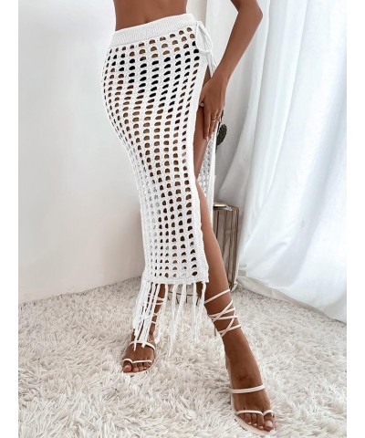 Women's Fringe Split Knitted Swimsuit Beach Crochet Cover Up Skirt Solid White $16.42 Swimsuits