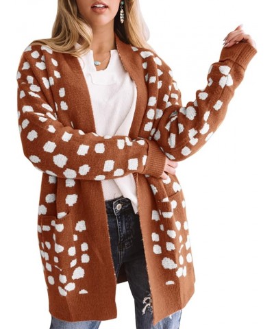 Women's 2024 Fall Winter Long Sleeves Open Front Leopard Print Knitted Sweater Cardigan Coat Outwear Red Brown $16.80 Sweaters